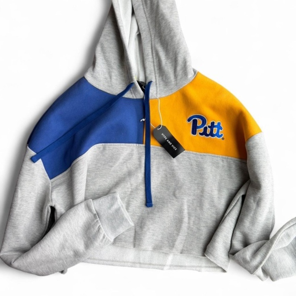 HYPE AND VICE PITT PANTHERS GREY CROPPED COLORBLOCK HOODED SWEATSHIRT Large